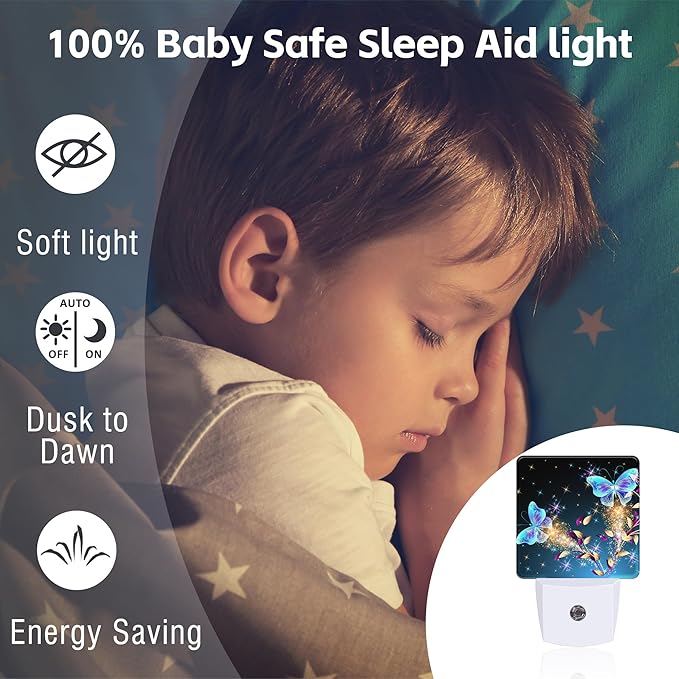Magical Butterflies with Flowers Night Light Plug into Wall, Glitter Sparkle Butterfly Dusk to Dawn Night Light Plug in,0.5w Energy Saving Sleep Friendly NightLight for Kids Boys Girls Home Decor
