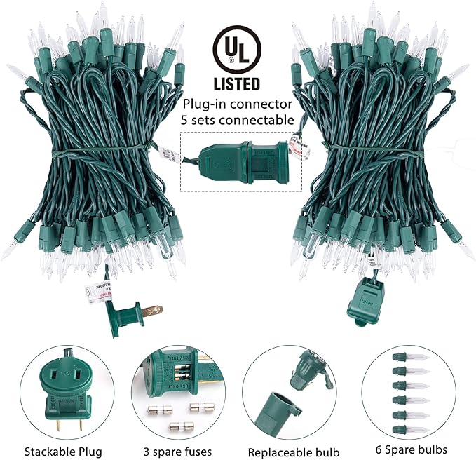 Minetom Clear Christmas String Lights 3 Pack 20 Feet 100 Counts Warm Mini Lights for Christmas Indoor Outdoor Patio Wreath Garden Wedding Party Thanksgiving Holiday Decorations, Green Wire