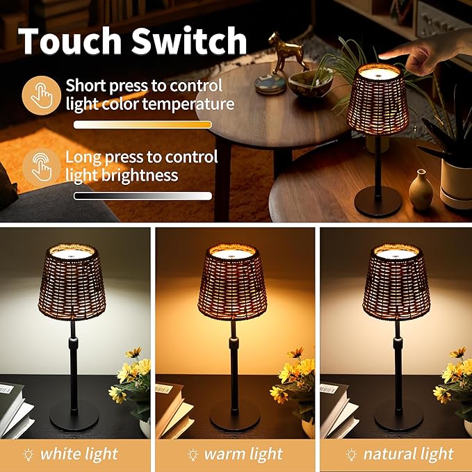 Mr.White Outdoor Waterproof Rechargeable Cordless Table Lamp with Telescopic Pole & Wicker Shade, 5200mAh Battery Operated Table Light with Touch Control, for Patio Restaurant Kitchen (Black)