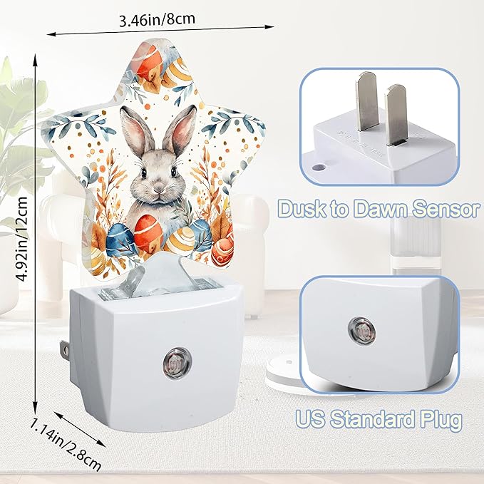 Night Light,Cute Easter Bunny Plug into Wall with Dusk to Dawn Light Sensors,Eggs Rabbit Warm Star Nightlights for Bedroom,Bathroom,Hallway,Kitchen Home Decor Desk Lamp
