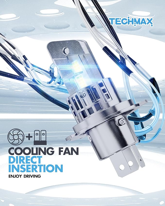 TECHMAX H4 Light Bulbs, 9003 H4 Fog Light Bulb w/Fan 600% Bright 6500K Wireless Direct Insertion Plug and Play, Pack of 2