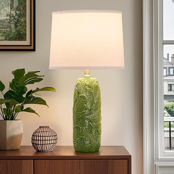 25” Green Lamps Set of 2 with Leaves Design for Living Room, Bedroom, Retro Ceramic Table Lamps for Nightstand Set of 2