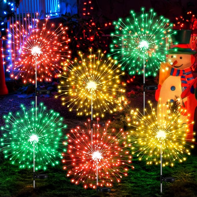 6 Pcs Mardi Gras Solar Firework Lights Solar Lights Outdoor Garden 120 LED 8 Modes Waterproof LED Sparkler Outdoor for Carnival Patio Yard Pathway Walkway (Red,Yellow,Green)