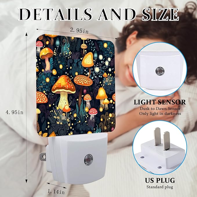 Mushrooms Night Light, Plug-into Wall Fantasy Forest Nightlight Lamp with Dusk to Dawn Sensor, Led Lamp 0.5W Energy Efficient for Boys Girls Adults Home Decor