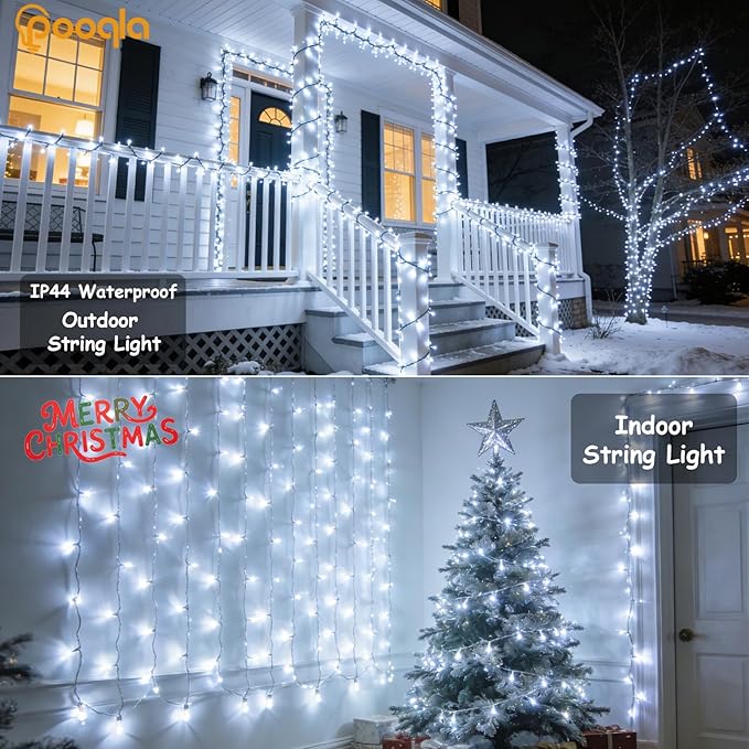 Cool White String Lights Outdoor Christmas Decoration, 66 ft 200 LED Christmas Lights Plug in, Indoor Connectable 8 Modes Clear Wire Twinkle Fairy String Lights for Xmas Tree Bedroom Holiday Party