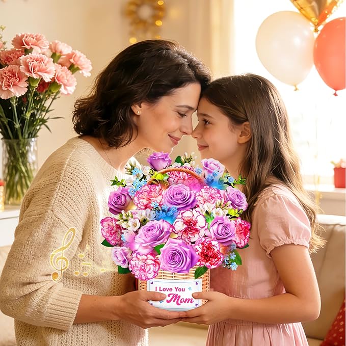 Mothers Day Card With Music & Lights, 3D Pop Up Mothers Day Gifts, Carnation & Rose, 10 Inch Life Sized Forever Flower Bouquet Birthday Card for Mom Wife Women Her