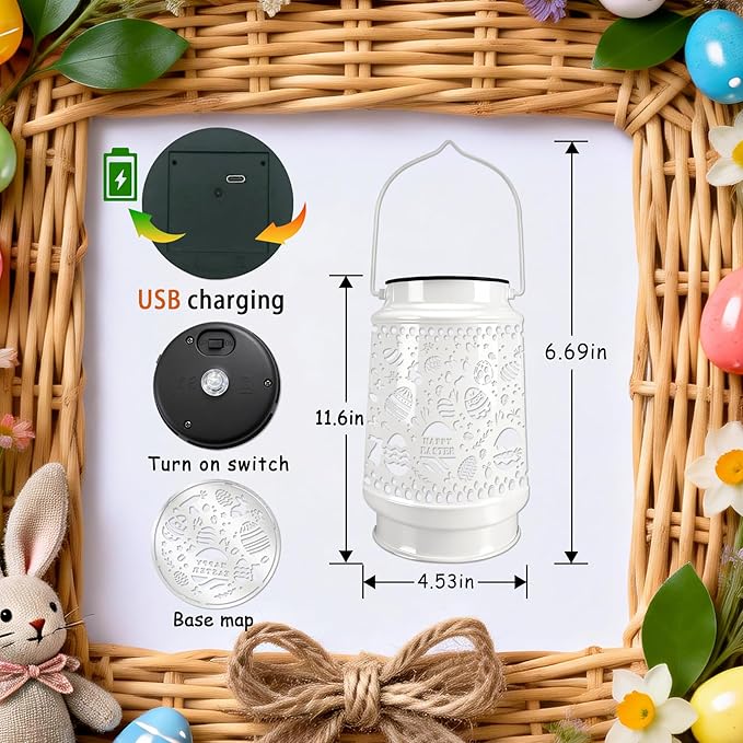 Easter Decorations for Home USB LED Lantern Lamp Tree Ornaments Night Lights with Eggs & Bunny Table Decor, Easter Gifts for Kids Teens Women Adults