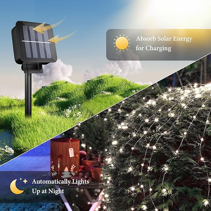 OHLUX Solar String Lights Outdoor,Each Pack 100LED 33FT Decorative Fairy Lights Waterproof 8 Modes Copper Wire Sun Powered Firefly Lights for Outdoor Wedding Patio Garden Trees Party(Daylight/2PACK)