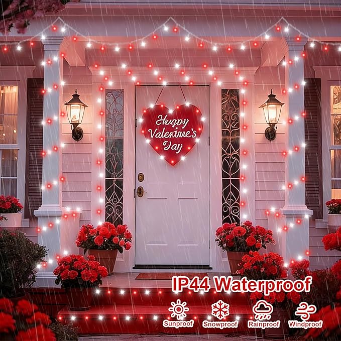 QITONG Red and White Valentine String Light Outdoor, 165ft 500 LED Clear Wire Christmas Lights Plug-in, 8 Modes Twinkle Xmas Light Indoor