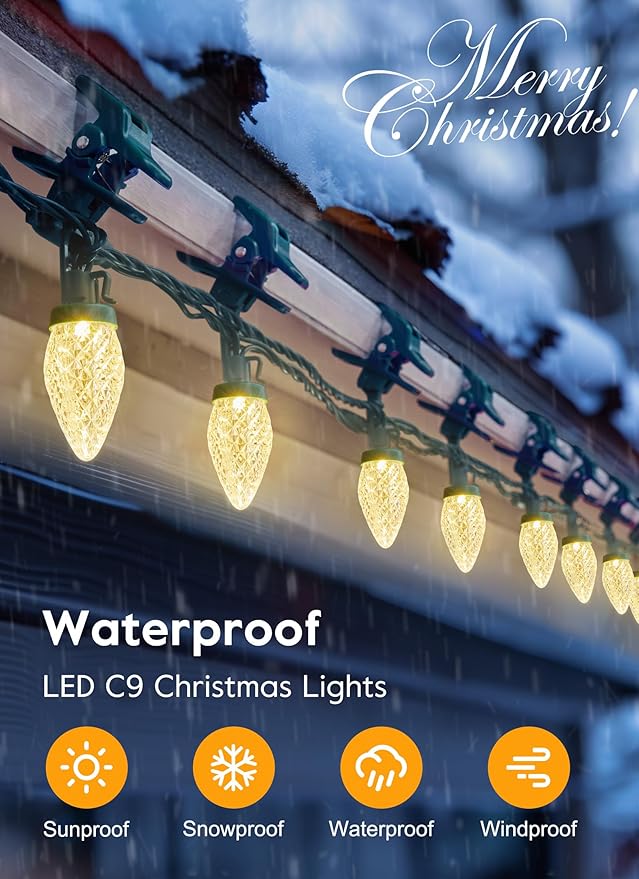C9 LED Christmas Lights Outdoor, 99 Feet 150 LED C9 String Lights with 150 Spring Clips, Waterproof Connectable Christmas Tree Lights for Outside Roofline Patio Home Xmas Decor, Warm White