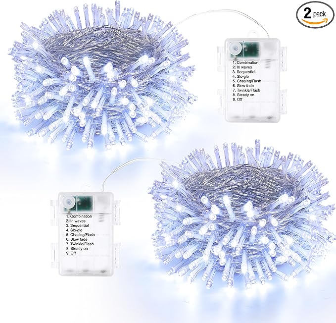 Lomotech Battery Operated Christmas Lights - 2 Pack Total 33ft 100LEDs String Lights 8 Modes Waterproof with Timer for Home, Garden, Party, Holiday, Tree Decoration (Clear Wire, White)