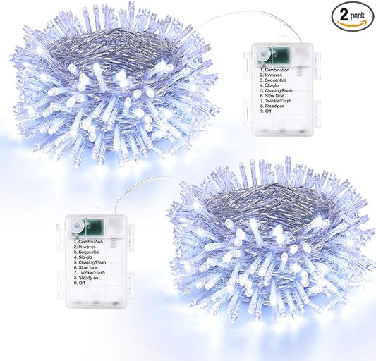 Lomotech Battery Operated Christmas Lights - 2 Pack Total 33ft 100LEDs String Lights 8 Modes Waterproof with Timer for Home, Garden, Party, Holiday, Tree Decoration (Clear Wire, White)