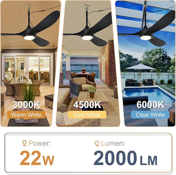 Outdoor Ceiling Fan with Light Waterproof - Plug in Hanging Hook for Patio, Porch, Gazebo - 42 inch Wet Rated Weatherproof Exterior Black 3 Blades Ceiling Fan with Remote