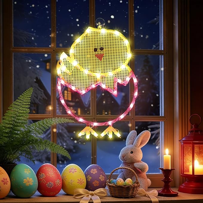 17" 40LED Lighted Cartoon Chick Easter Decor, Warm Glow for Window/Mantel, 120V Plug-in, UL Certified, Sturdy Gift Box Packed