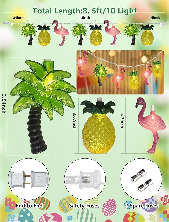 10 LED Hawaiian Beach Themed Party Decorations Lights, 8.5Ft Tropical String Light with Flamingo Pineapple Palm Tree Fairy Lights for Tropical Luau Party Beach Pool Outdoor Indoor Summer Decorations