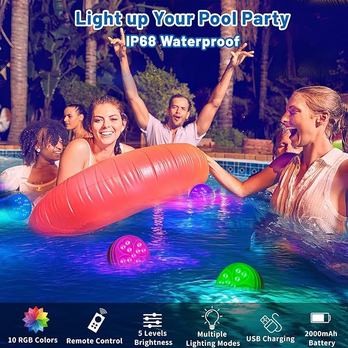 Wireless Pool Lights, Rechargeable Submersible LED Light with 10 Colors & 4 Modes, IP68 Waterproof Underwater Lights for Inground Pools, Above Ground Pools, Parties, Pond, Outdoor Lighting Decor