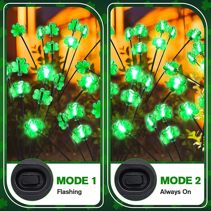 St. Patrick's Day Shamrock Pathway Lights, 8 in 1 Lucky Clover Light with 2 Lighting Modes, Green Firefly Outdoor Decor Solar Powered Swaying Lights Decor for Lawn Yard Garden (Green - Shamrock)