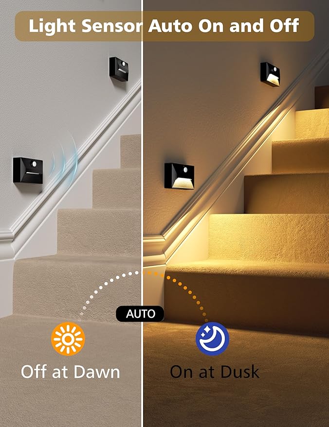 NIORSUN Motion Sensor Night Light, Rechargeable Stair Lights Indoor, 3 Colors and Motion Modes 2000mAh Battery Night Light with Light Sensor for Stairway, Hallway, Bathroom, Kitchen Black 6 Pack