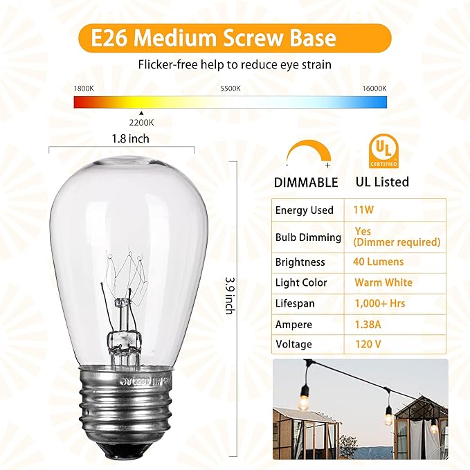 Moonflor 48 Pack S14 Light Bulbs, 11 Watt Warm Commercial Grade Replacement Incandescent Glass Bulbs with E26 Medium Base for Outdoor Patio Garden Vintage String Lights