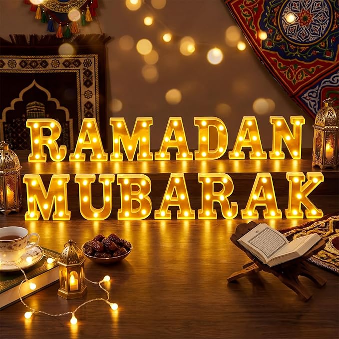 Ramadan Mubarak Large LED Lights Mirror-Effect Letter Lights Battery Powered Eid Mubarak Decorations for Party Decorations Indoor Outdoor