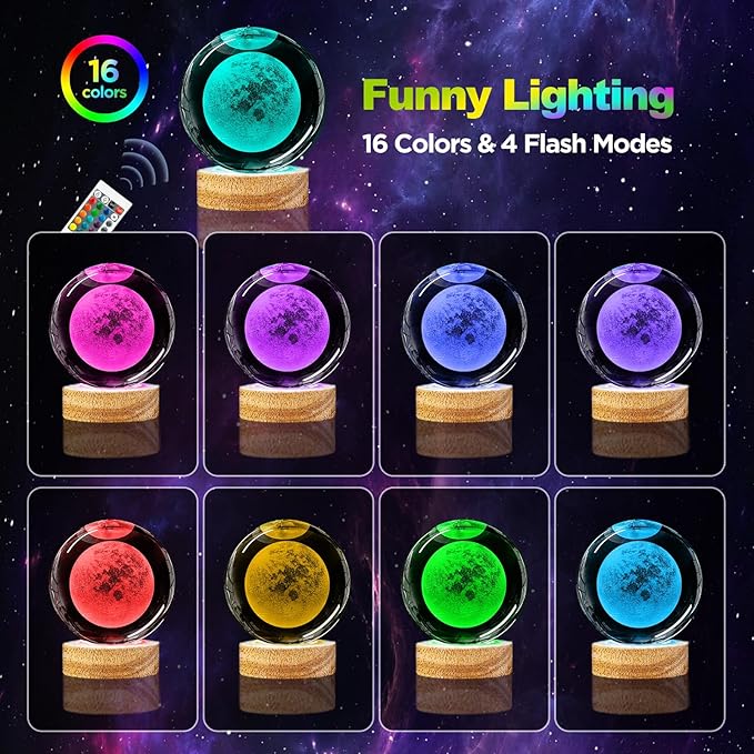 3D Moon Crystal Ball Night Light 3.15 inch Moon Galaxy Glass Ball Lamp with 16 Color Changing and Remote Moon Planet Home Decor Gifts Ideal for Friends Kids Christmas Birthday