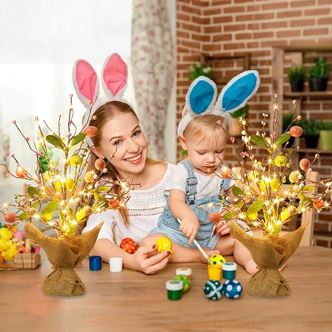 EAMBRITE Easter Decorations Easter Egg Tree with Lights, Lighted Trees Battery Powered, Tabletop Centerpiece Decor with Colorful Egg Ornaments for Home Table Party Spring Decoration (2 Pack)