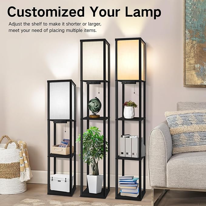 OUTON Floor Lamp with Shelves, Dimmable Shelf Floor Lamp with Remote, 1USB & 1 Type C Ports, 1 Power Outlet, Modern Standing Lamp with 4 Color Temperature for Living Room, Bedroom, Matte Black