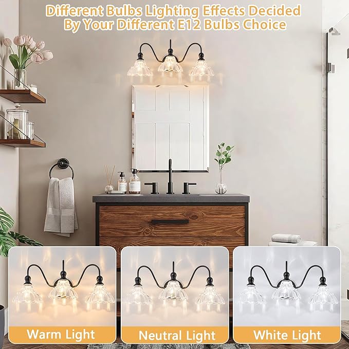 Vintage Bathroom Light Fixtures Over Mirror, 3-Light Black Wall Sconce Lighting with Flower Glass Shade, Farmhouse Vanity Lights for Bedroom Kitchen Living Room Hallway Light