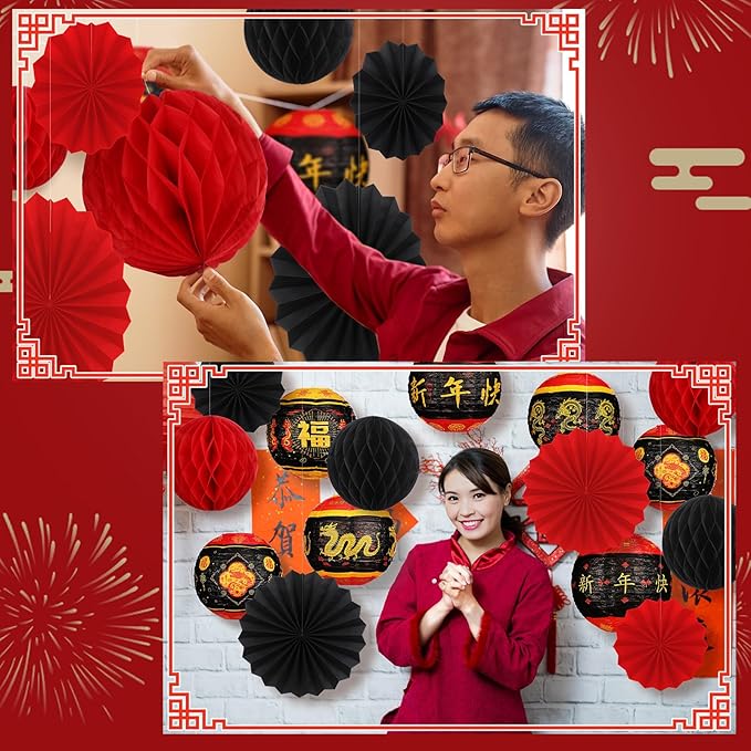 Retisee 18 Pcs 2026 Chinese Lunar New Year Decorations Lunar New Year Paper Lanterns Hanging Paper Fans Red and Black Honeycomb Balls Chinese Lanterns Asian Decor for Spring Festival Celebration