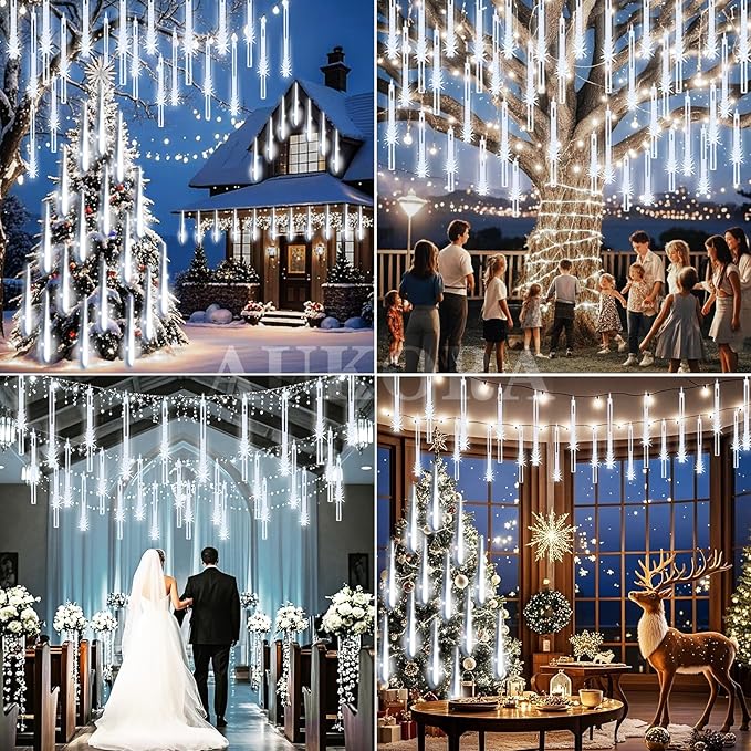 Aukora Christmas Lights Outdoor Meteor Shower Falling Rain Lights 12 inch 8 Tubes 192LED Snowfall Cascading Icicle String Light for Xmas Tree Decor Wedding Party Holiday Window Garden, UL Plug, White