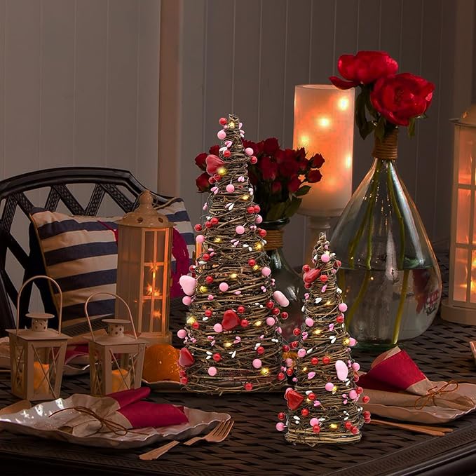 CRCZK Valentines Day Rattan Table Tree Decor with Lights Valentines Day Decorations 2Pack Lighted Tree with Red Heart&Berries Pink Table Centerpieces Valentine's Day Decorations Indoor Party Gifts
