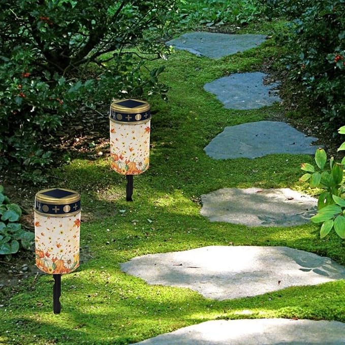 Fall Maple Leaf Pumpkin Prayer Cemetery Solar Lights for Grave Cemetery Decor Candle Lamp Solar Powered Landscape Lights for Grave