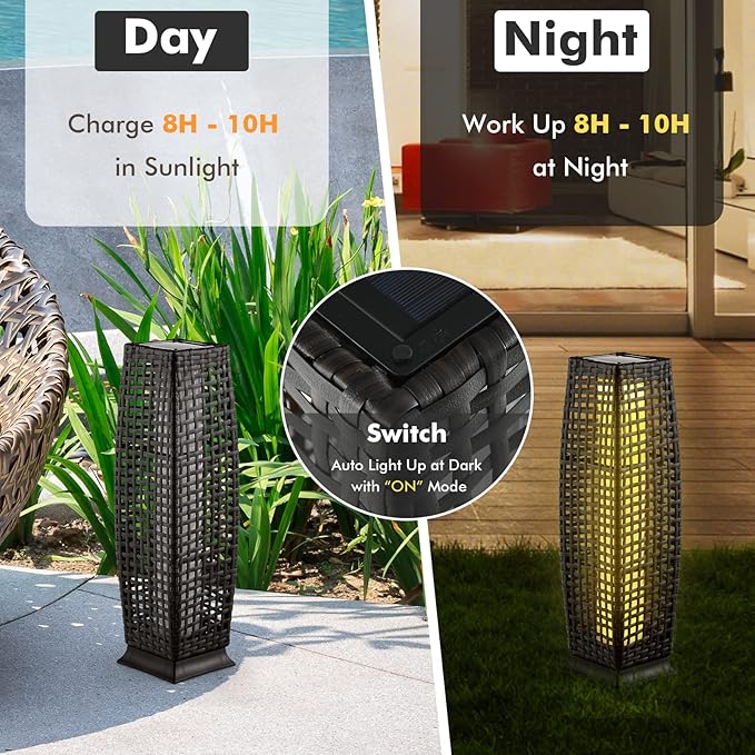 Tangkula 2-Piece Outdoor Solar Powered Floor Lamps, IP65 Waterproof Wicker Floor Lamps with Auto On/Off LED Light, Outdoor Decorative Lanterns for Garden Patio Porch Deck Pathway (Cross-Black)