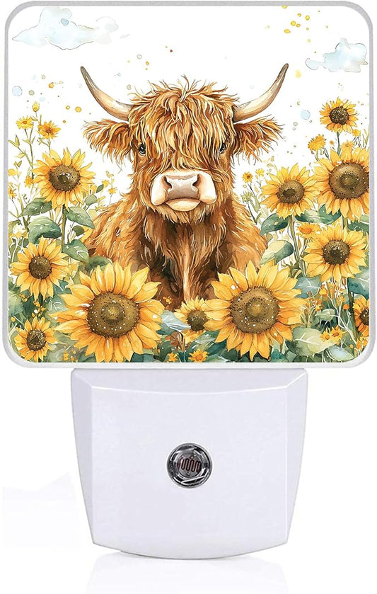 Highland Cow Night Light,Sunflower Night Lights Plug into Wall,Led Lamp for Stairway/Hallway/Bedroom 0.5W Nightlight Sleep Friendly