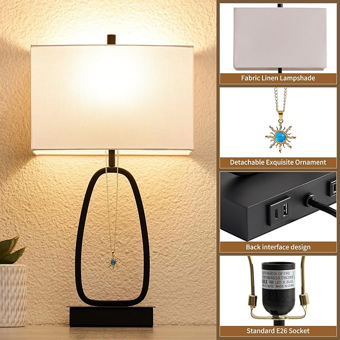 22" Set of 2 Modern Touch Table Lamps with 2 USB & AC Outlets, 3-Way Dimmable Bedroom Bedside Lamps for Nightstand Living Room Office Dining Room (LED Bulbs Included)