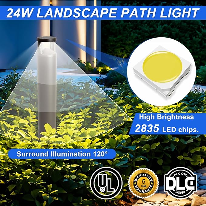 LED Bollard Landscape Light, 24W 42in Outdoor Modern Pathway Light, 3CCT 3000K/4000K/5000K Selectable, 0-10V Dimmable, IP65 Commercial Bollard Lighting for Garden, Pathway, Walkway, 120-277V