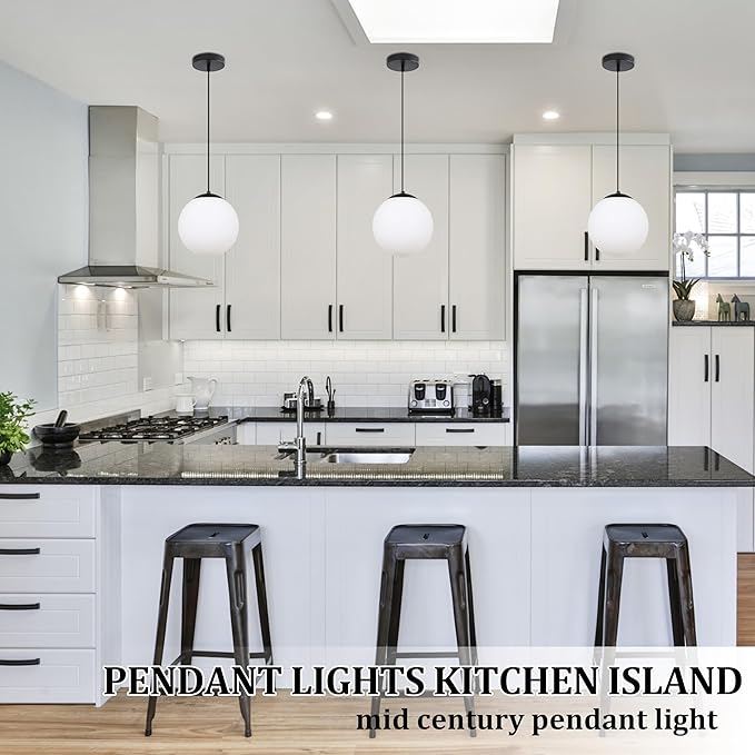 KoKo&Yukina 6-inch mini Modern Globe Pendant Light Opal Glass with Black Finish Contemporary Mid Century Adjustable Hanging Light Fixture for Living Room Bedroom Kitchen (Bulb Incl.)