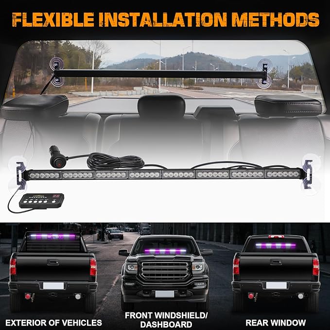 XRIDONSEN 35 inch Purple White Traffic Advisor Light Bar 48 LED Emergency Strobe Lights Safety Warning Lights Front/Rear Window w/Display Controller for Escort Vehicles Trucks SUV