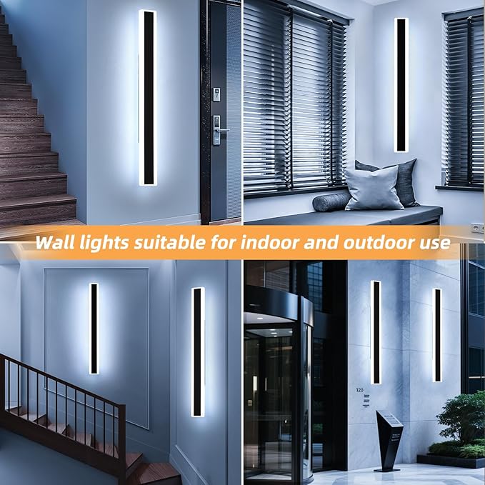 Mikeru 2Pack 39.3inch Long Led Wall Light, 6000k Cool White Modern Outdoor Wall Light Ip65 Waterproof Black Acrylic Porch Exterior Lighting Fixtures, Exterior Wall Mount Lights