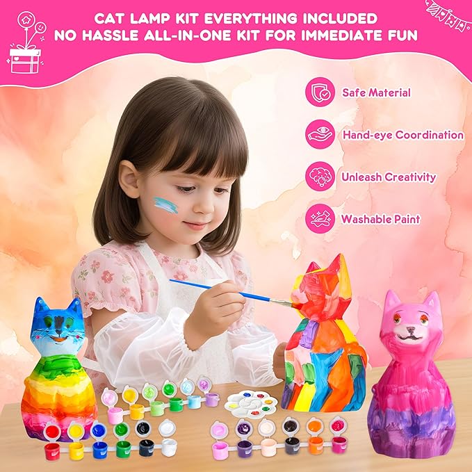 lucdnc Paint Your Own Cat Lamp Kit DIY Night Light Painting Kits for Kids Arts & Crafts Supplies Birthday Easter Christmas Cat Themed Gifts Toys for Girls Boys Teens Ages 3-12+