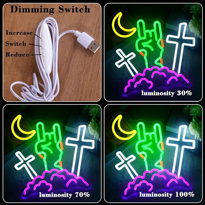 Halloween Devil Neon Sign Rock Gesture Cross With Moon and Cloud Neon LED Lights Zombie Spooky All Saints' Day Wall Neon Lamp for Halloween Party Bedroom Home Bar Pub Amusement Park Decor