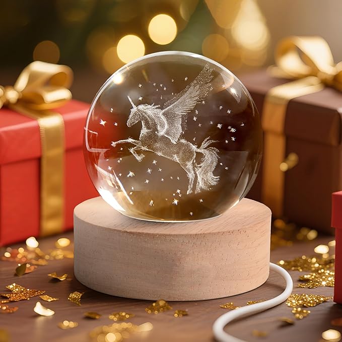 Unicorn Figurine Crystal Ball Lamp with LED Stand, 3D Laser Engraved Glass Sphere Decorative Balls Paperweight(60mm)
