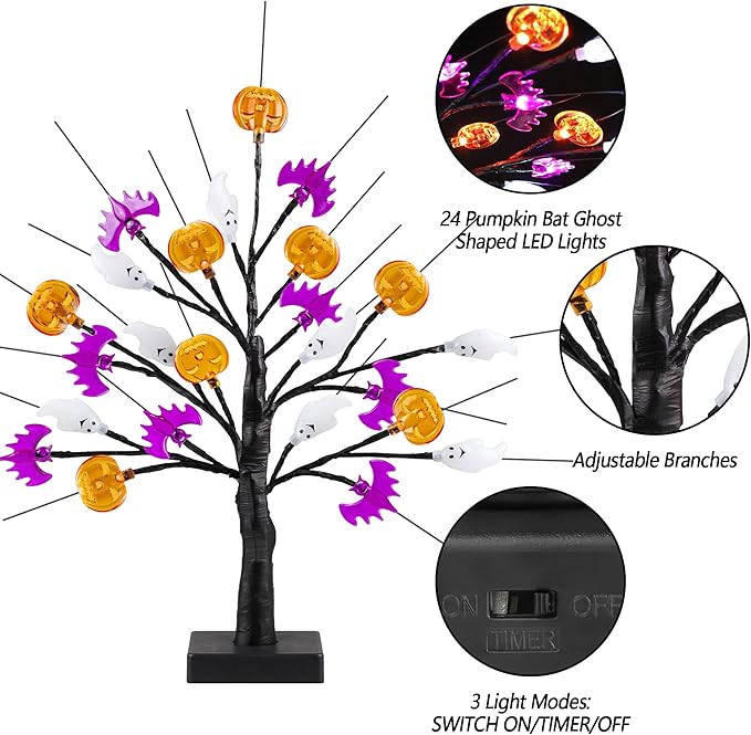 Mosoan 18 Inch Black Halloween Tree Light with 24 LED Pumpkin Bat Ghost Lights, Timer/USB/Battery Operated Halloween Lights, Indoor/Outdoor for Home, Table, Porch, Mantle, Party Decor