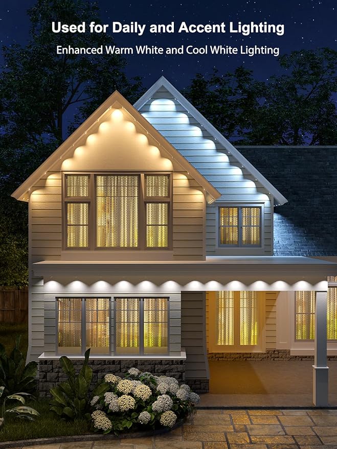 ANGELHALO Permanent Outdoor Lights Pro, 155ft with 108 LED Lights for Daily and Accent Lighting, Multiple Scene Modes Eaves Lights with Warm and Cool White Light, IP65 Waterproof, Works with Alexa