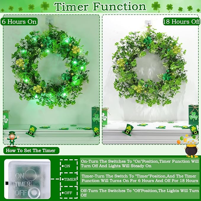 Thick & Timer - St Patricks Day Decorations, 18 Inch St Patricks Day Shamrock Wreaths for Front Door with 20 Green Lights Glitter Clover Berries Spring Wreath Irish St. Patrick's Day Door Decorations