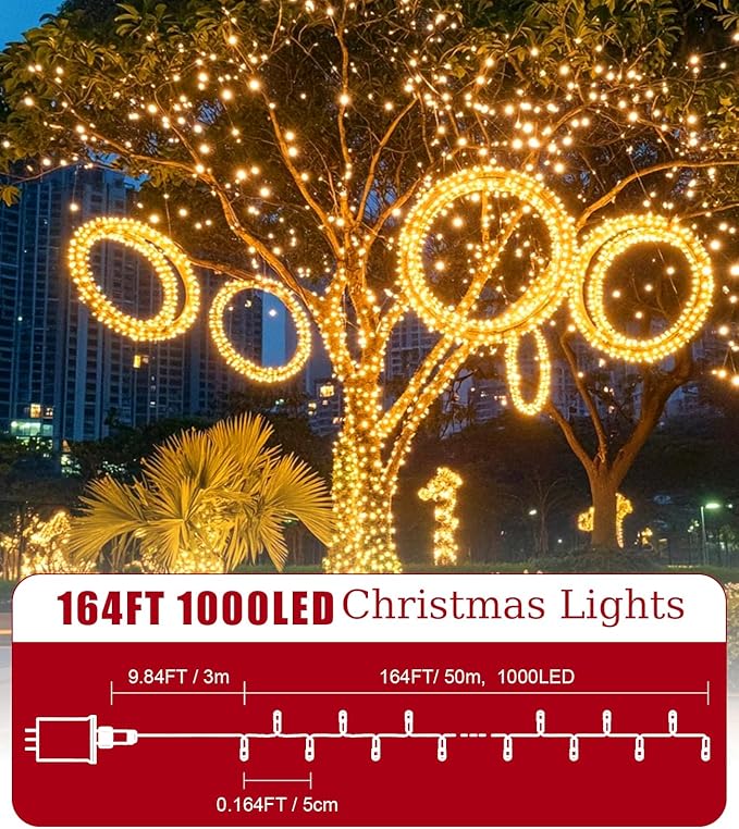 164FT 1000LED Warm White Christmas Lights Outdoor with 8 Modes, IP44 Waterproof Plug in Christmas Tree Light Fairy String Lights for Christmas, Patio, Garden, Indoor Outdoor Decor