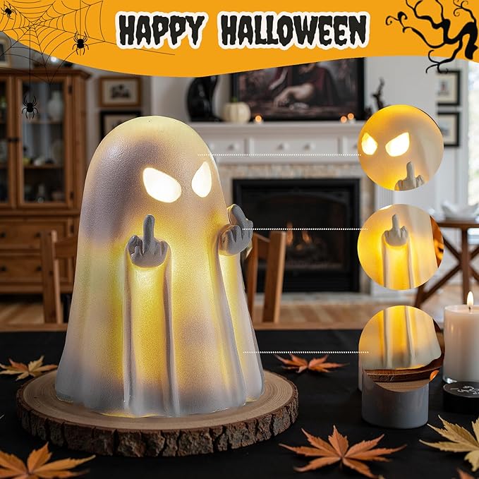 Halloween Middle Light Up Ghost Figurine,5.1" Large Cute Spooky Ghost Statue,Halloween Decorations Indoor,Resin Statue for Party, Home, Indoor & Porch Decor