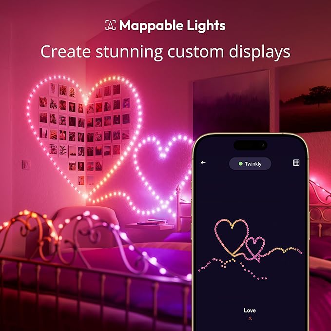 Twinkly Candies App-Controlled Heart-Shaped USB-C LED Light String w/ 100 RGB (16 Mil. Colors) 6 M/19.7 FT. Clear Wire. USB-C Adapter Not Included