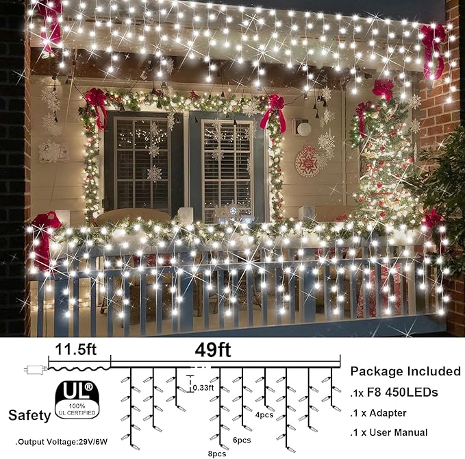 Christmas Lights Outdoor, 49FT 450 LED Ice Lights for Outside, Ice String Lights with 8 Modes, Waterproof Timer Memory Hanging Light for Eaves Party Yard Garden(Cool White)