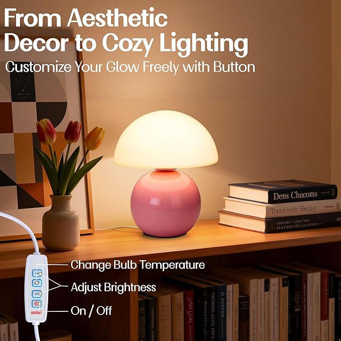 Cute Small Mushroom Lamp Decor,USB-Plug in Bedside Table Lamps with 3-Temperature LED Bulb Dimmable,Modern Aesthetic Home Decor for Livingroom/Bedroom/Dorm/Nursery (Pink with Plug)